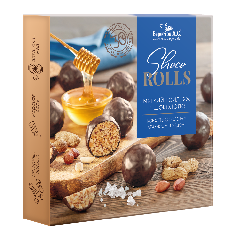  Берестов Shoco Rolls конфеты с арахисом, солью и медом, 135г   в Пушкино